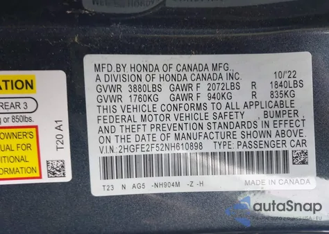 2022 Honda Civic Sport z USA, uszkodzony, nr VIN 2HGFE2F52NH610898